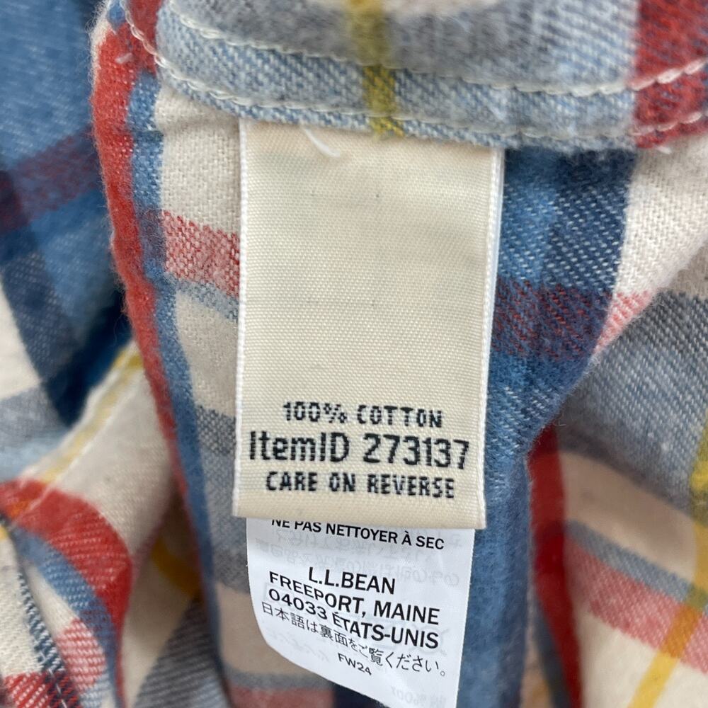 LL BEAN Top Womens S Scotch Plaid Flannel Shirt Relaxed Fit Button Up Ivory Blue - Picture 10 of 16